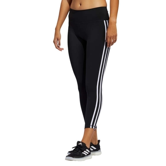 Adidas Girl's Climalite Workout Leggings Black White Trademark Stripe- sz 16 - Picture 2 of 5